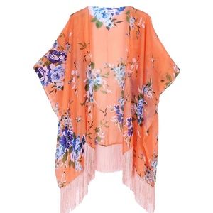 Peach Orange Floral Kimono Cover Up Swim Beach